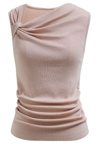 Side Knot Ruched Sleeveless Knit Top in Pink