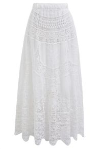 Embroidered Floral Cutwork Crochet Maxi Skirt in White
