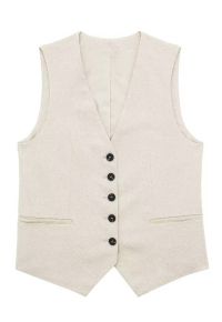 V-Neck Buttoned Down Linen-Blend Vest in Linen