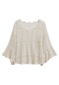 Hollow Out Full Crochet Flare Sleeve Cotton Top