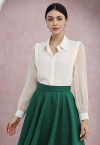 Heart Necklace V-Neck Satin Shirt in Cream