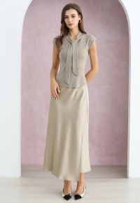 Satin Elegance Front Flap Maxi Skirt in Sand