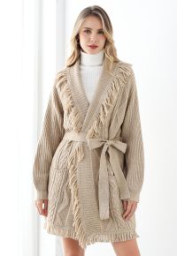 Fringe Trim Cable Knit Belted Cardigan in Oatmeal
