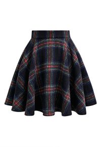 Festive Charm Tartan Flare Mini Skirt in Black