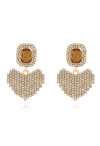 Full Rhinestone Heart Earrings in Amber