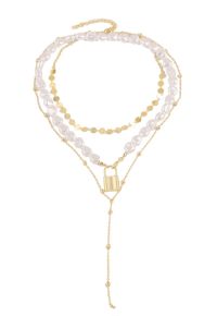 Multi-Layered Coin Pearl Gold Lock Necklace