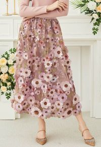 3D Floral Applique Mesh Tulle Maxi Skirt in Dusty Pink