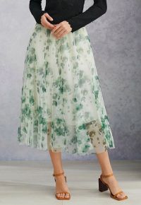 Watercolor Floral Printed Mesh Tulle Midi Skirt in Green