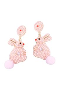Adorable Pearl Rabbit Pom-Pom Earrings in Pink