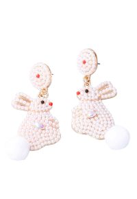 Adorable Pearl Rabbit Pom-Pom Earrings in White
