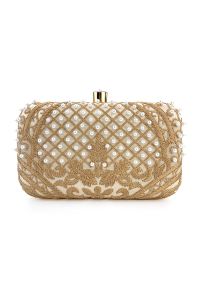 Opulent Floral Embroidered Pearl Clutch in Gold
