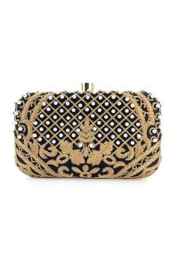 Opulent Floral Embroidered Pearl Clutch in Black