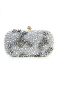 Rhinestone Beaded Vine Embroidered Clutch in Dusty Blue