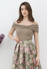 Mesh One-Shoulder Bowknot Ribbed Crop Top in Khaki