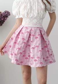 Flamingo Jacquard Box Pleated Mini Skirt