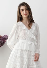Lace Floret Embroidered Self-Tie Wrap Top in White