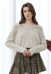 Fake Two-Piece Collared Eyelet Knit Top in Oatmeal