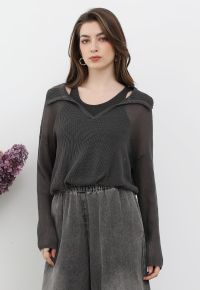 Fake Two-Piece Collared Eyelet Knit Top in Smoke
