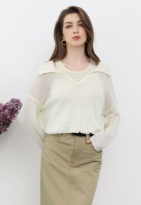 Fake Two-Piece Collared Eyelet Knit Top in Light Yellow