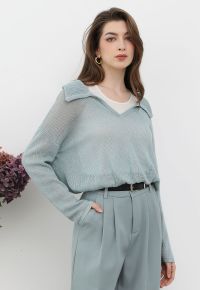Fake Two-Piece Collared Eyelet Knit Top in Teal