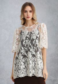 Floral Embroidered Sheer Mesh Top in Ivory