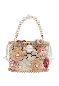 3D Floral Rhinestone Pearl Hollow Out Handbag
