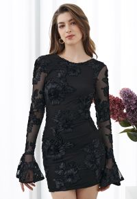 Tapework Lace Flare Cuff Mesh Mini Dress in in Black