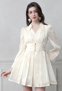V-Neck Embroidered Floral Puff Sleeve Mini Dress