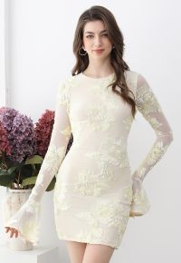 Tapework Lace Flare Cuff Mesh Mini Dress in Cream