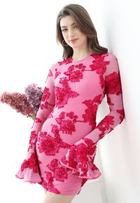 Tapework Lace Flare Cuff Mesh Mini Dress in Hot Pink