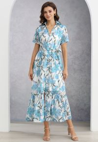 Blue Lily Printed Embroidered Eyelet Frilling Dress