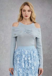 Floral Rhinestones Trim Cold-Shoulder Knit Top in Light Blue