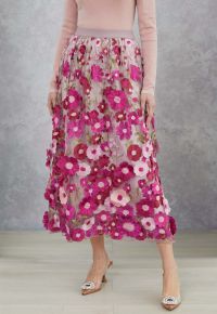 3D Floral Applique Mesh Tulle Maxi Skirt in Magenta