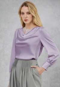 Sequins Floral Lace Drape Neck Satin Shirt in Lavender