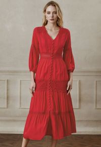 Button Down Crochet Embroidered Boho Maxi Dress in Red