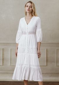 Button Down Crochet Embroidered Boho Maxi Dress in White
