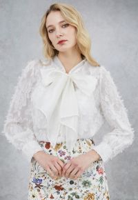 Fringed Jacquard Floral Organza Bowknot Sheer Shirt