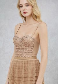 Rhinestone Lace Embroidered Bustier Mesh Crop Top in Apricot