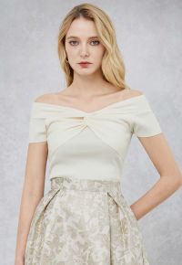 Twisted Off-Shoulder Short Sleeve Cropped Knit Top in Cream