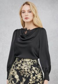 Sequins Floral Lace Drape Neck Satin Shirt in Black