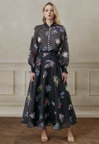 Botanical Printed Puff Sleeve Organza Shirt and Maxi Skirt Set in Black