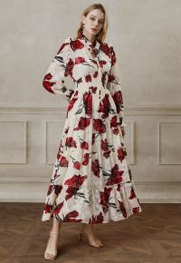 Blooming Rose Jacquard Ruffle Detail Shirred Maxi Dress in Cream