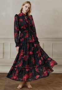 Blooming Rose Jacquard Ruffle Detail Shirred Maxi Dress in Black