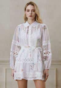 Botanical Print Cutwork Lace Panelled Organza Mini Dress