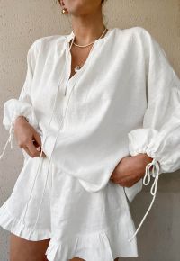 Lantern Sleeve Drawstring Shirt and Shorts Set in White