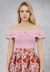 Off-Shoulder Tiered Cropped Knit Top in Light Pink