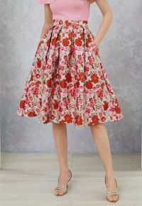 Reddish Flower Jacquard Pleated Midi Skirt