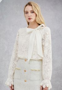 Pearl Chain Self-Tie Bowknot Floral Lace Embroidered Top