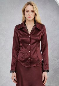 V-Neck Lace Panelled Button Down Satin Shirt in Burgundy