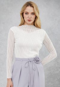 Wavy Mock Neck Sheer Mesh Top in White